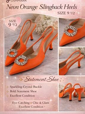 Neon Orange Pointed Slingback Heels with Crystal Buckle
